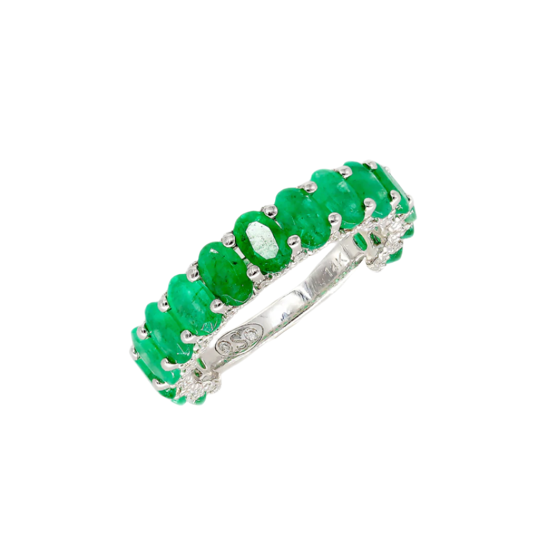 Green Emerald Oval Eternity Ring With Illusion Diamonds