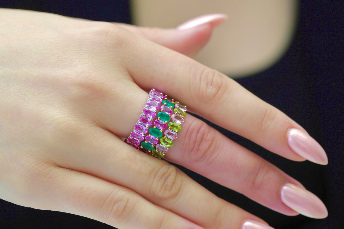 Pink Sapphire & Emerald Oval Eternity Ring