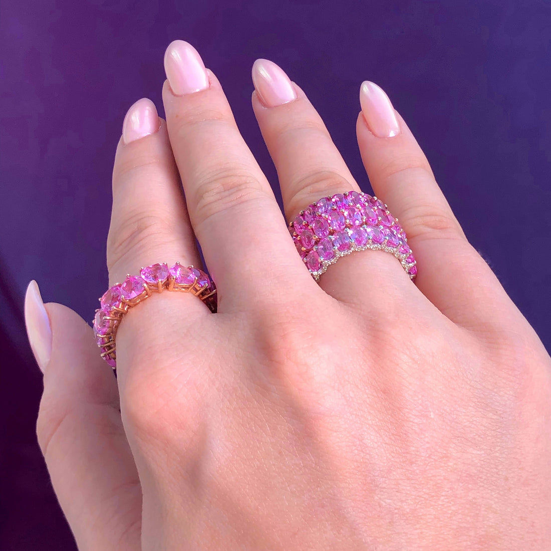 Pink Sapphire Oval Eternity Ring With Illusion Diamonds